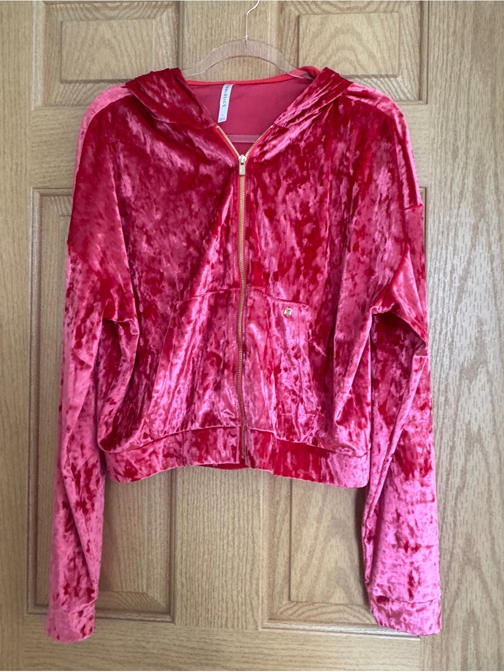 Fabletics Crushed Velvet Cropped Full Zip Hoodie Rose Pink Athleisure Jacket L